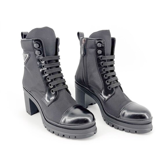 Prada Shoes - Prada Re-Nylon Triangle Logo Combat Boot EU 36.5 US 6.5 Black Block Heel Lace Up